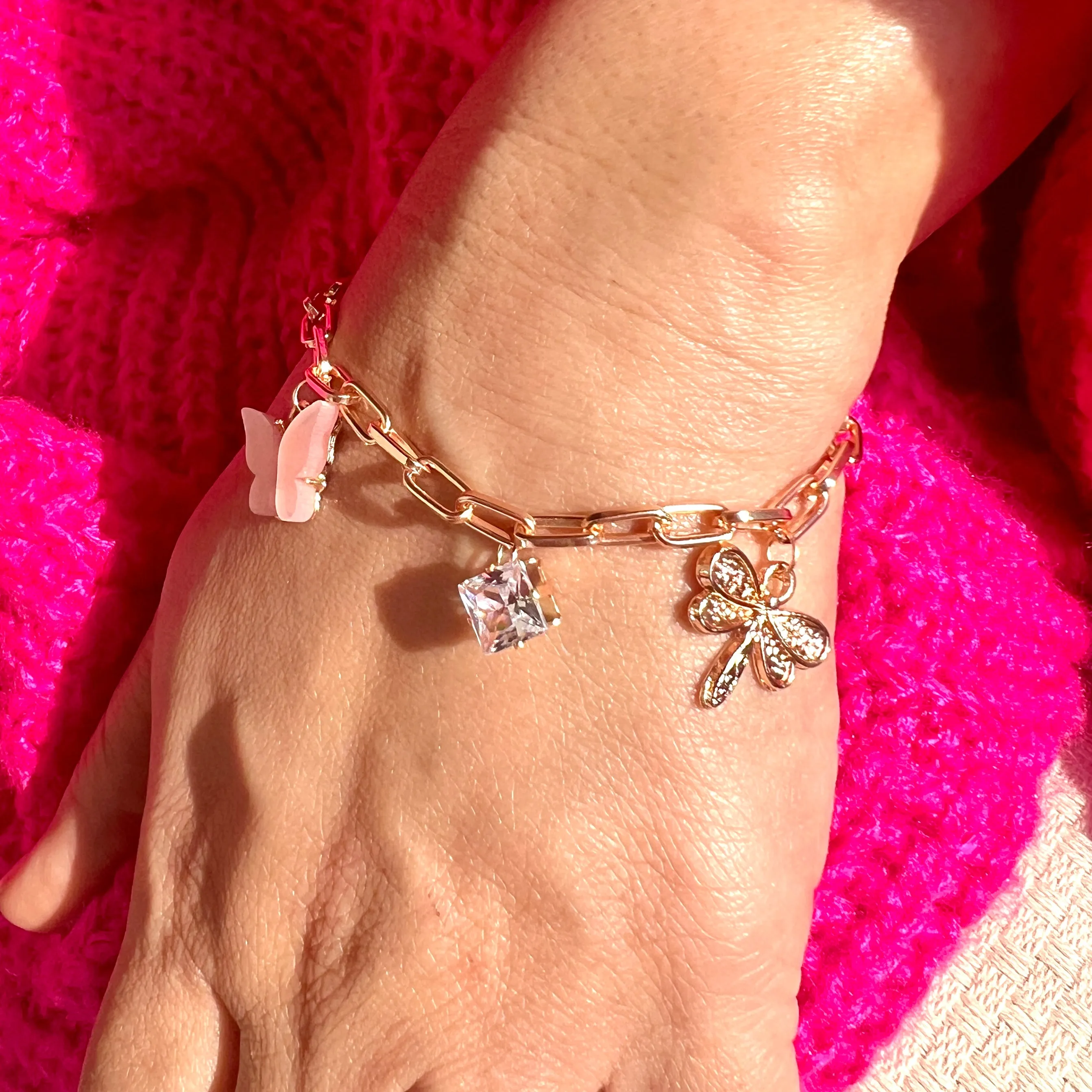 Rack Jack Rose Gold Plated Pink Charms Bracelet Butterfly Pearl Diamond