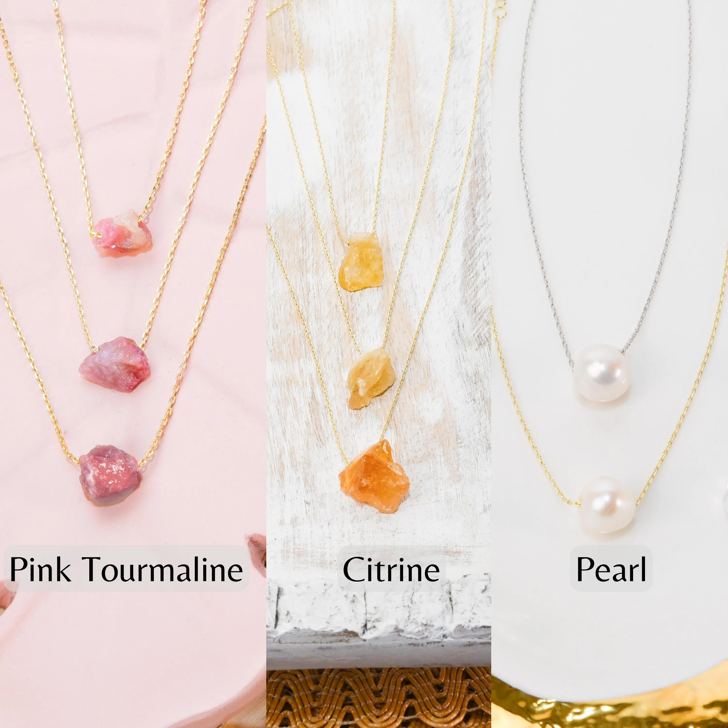 Raw Crystal 14K Gold, Silver Birthstone Necklace