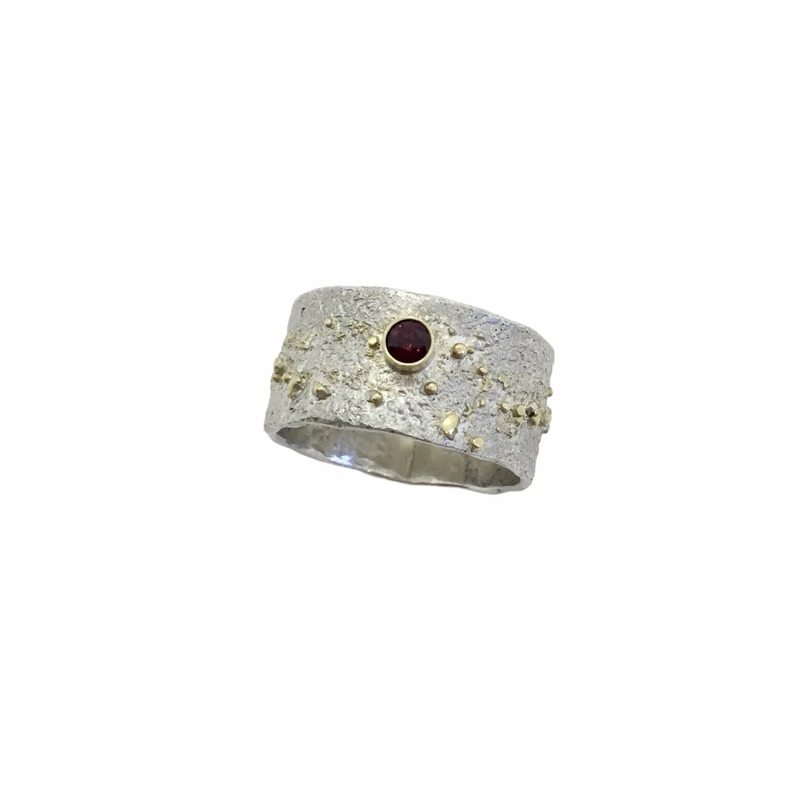 Reticulated Silver Ring with 18k gold powder fused and 3mm round Garnet set in 18k gold bezel