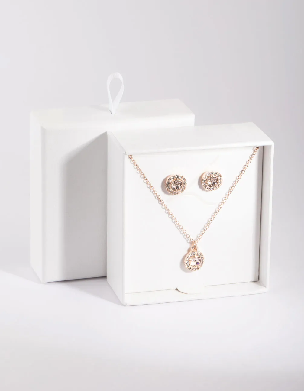 Rose Gold Diamond Simulant Circle Necklace & Earrings Set