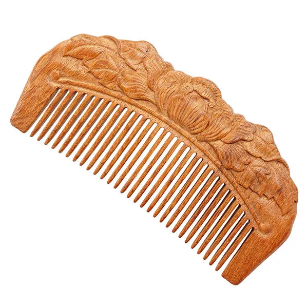 Rosewood Seamless Carved Flower and Leaves Dome Pocket Hair Comb