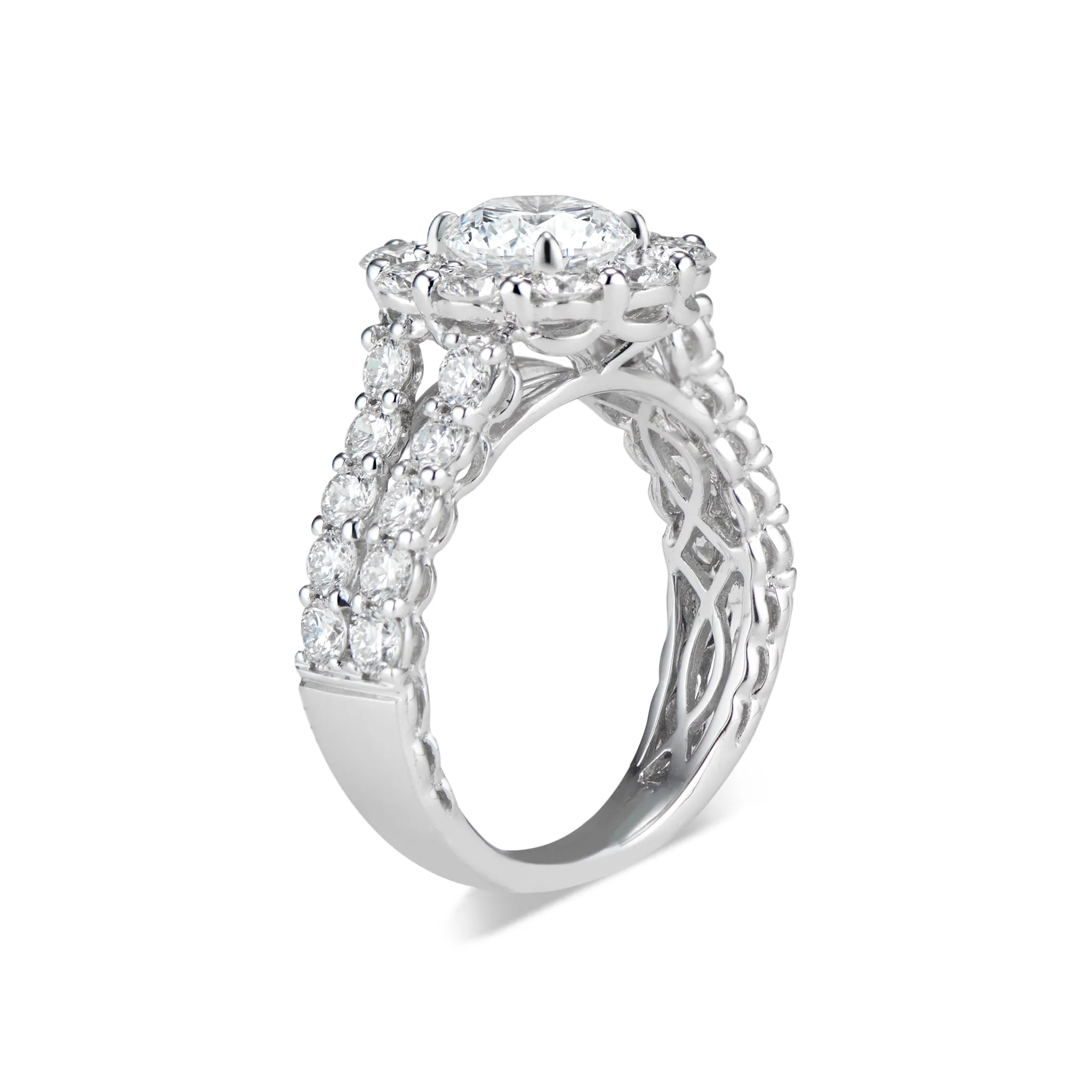 Round Halo Diamond Engagement Ring with Prong-Set Diamond Shank