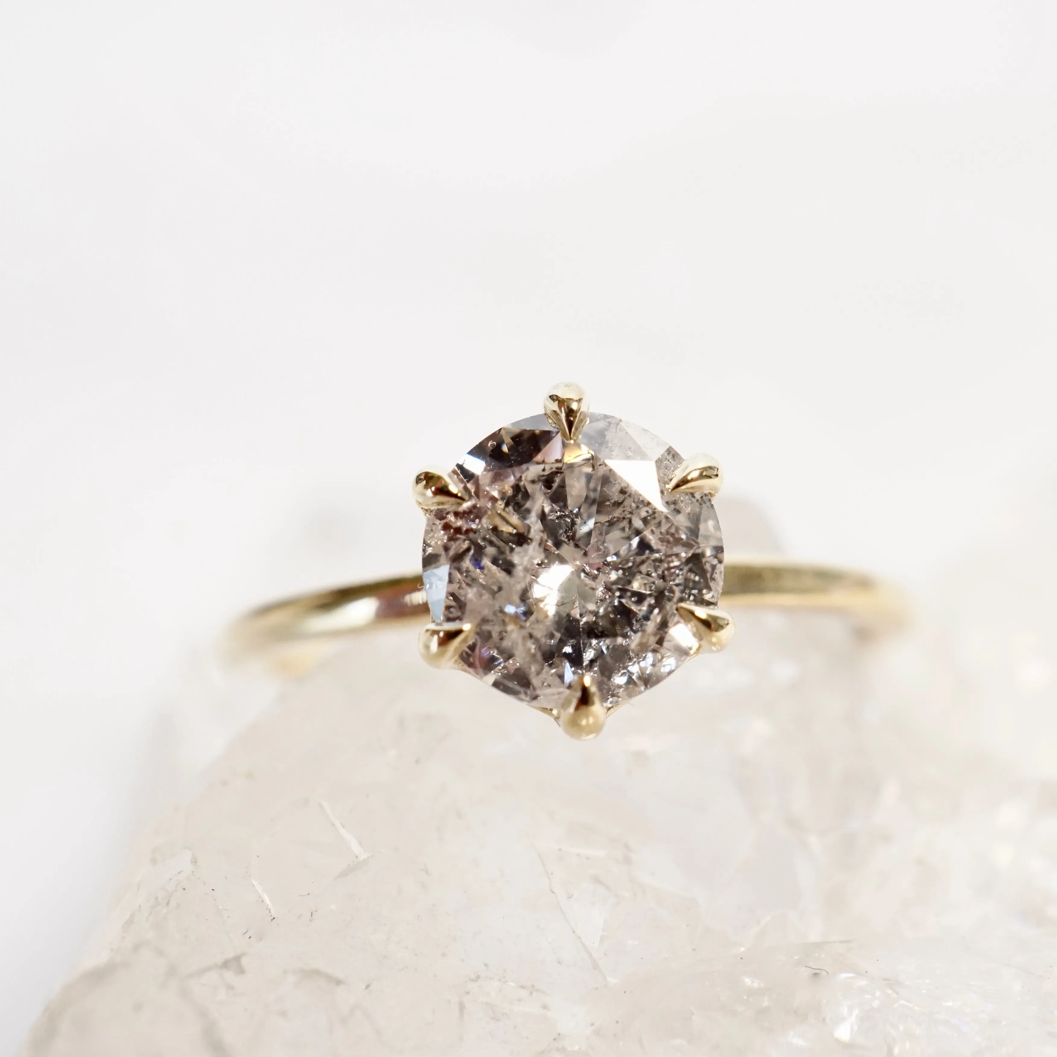 Salt Pepper Diamond Ring Yellow Gold - Gray Diamond Engagement Ring - Six Prong Solitaire Ring