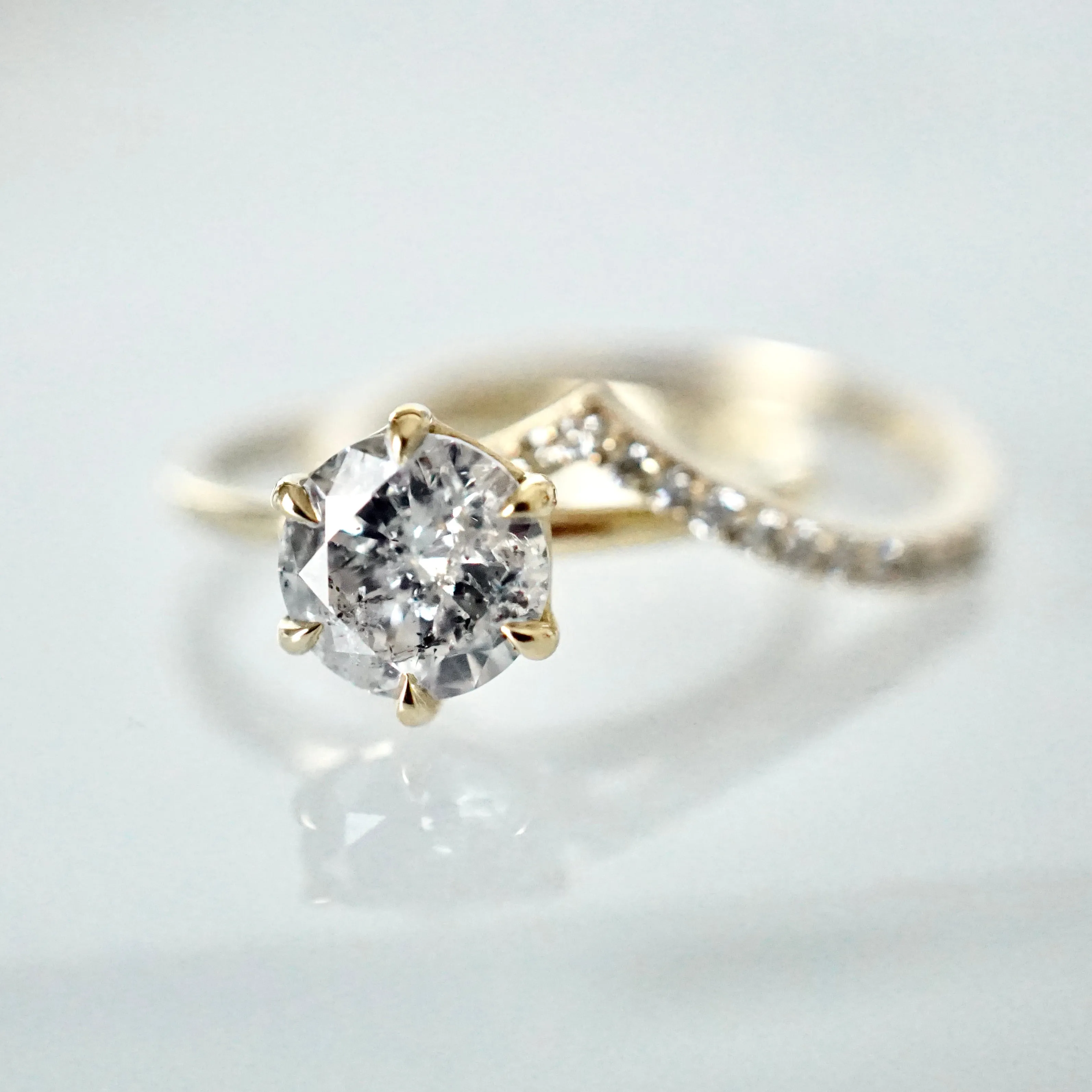 Salt Pepper Diamond Ring Yellow Gold - Gray Diamond Engagement Ring - Six Prong Solitaire Ring