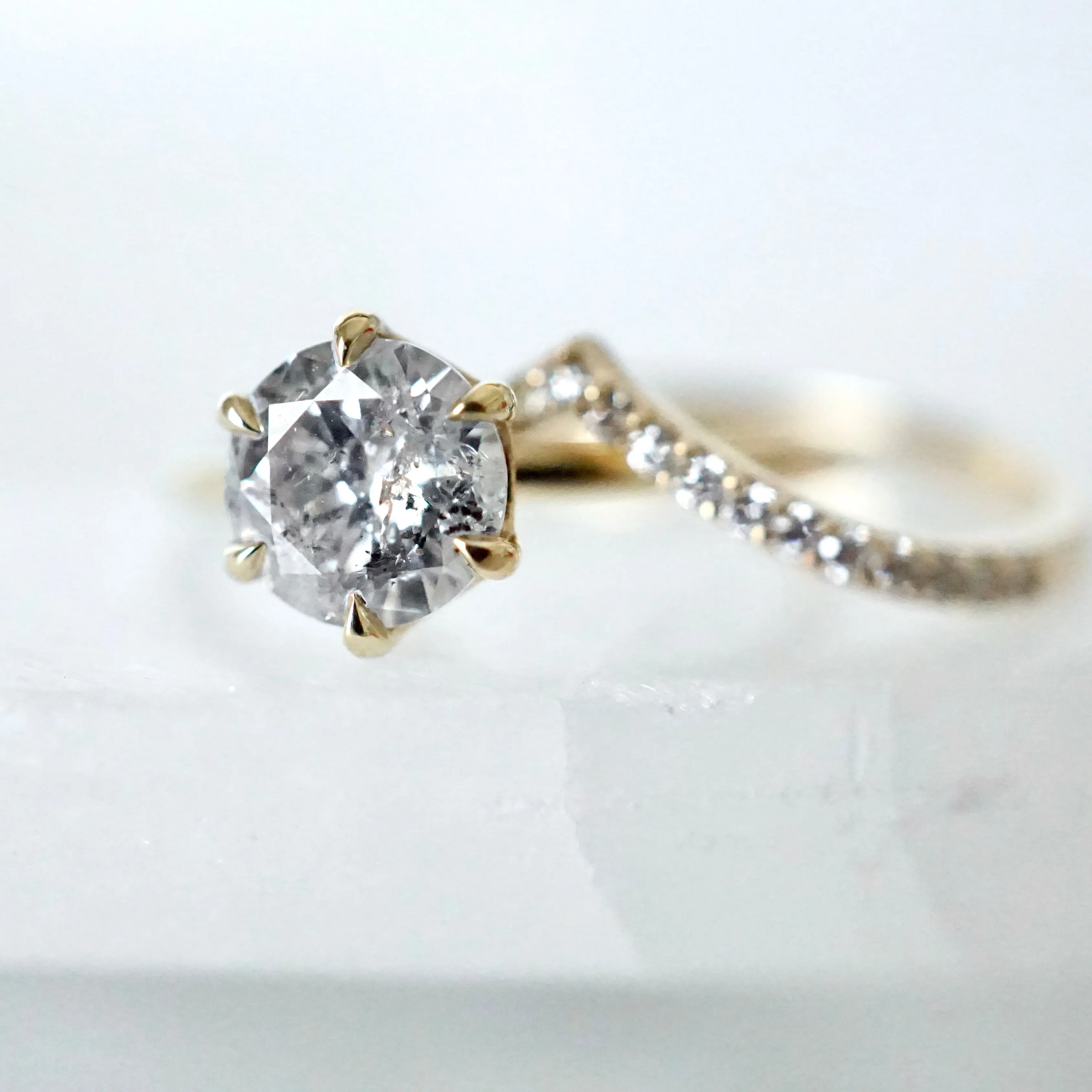 Salt Pepper Diamond Ring Yellow Gold - Gray Diamond Engagement Ring - Six Prong Solitaire Ring