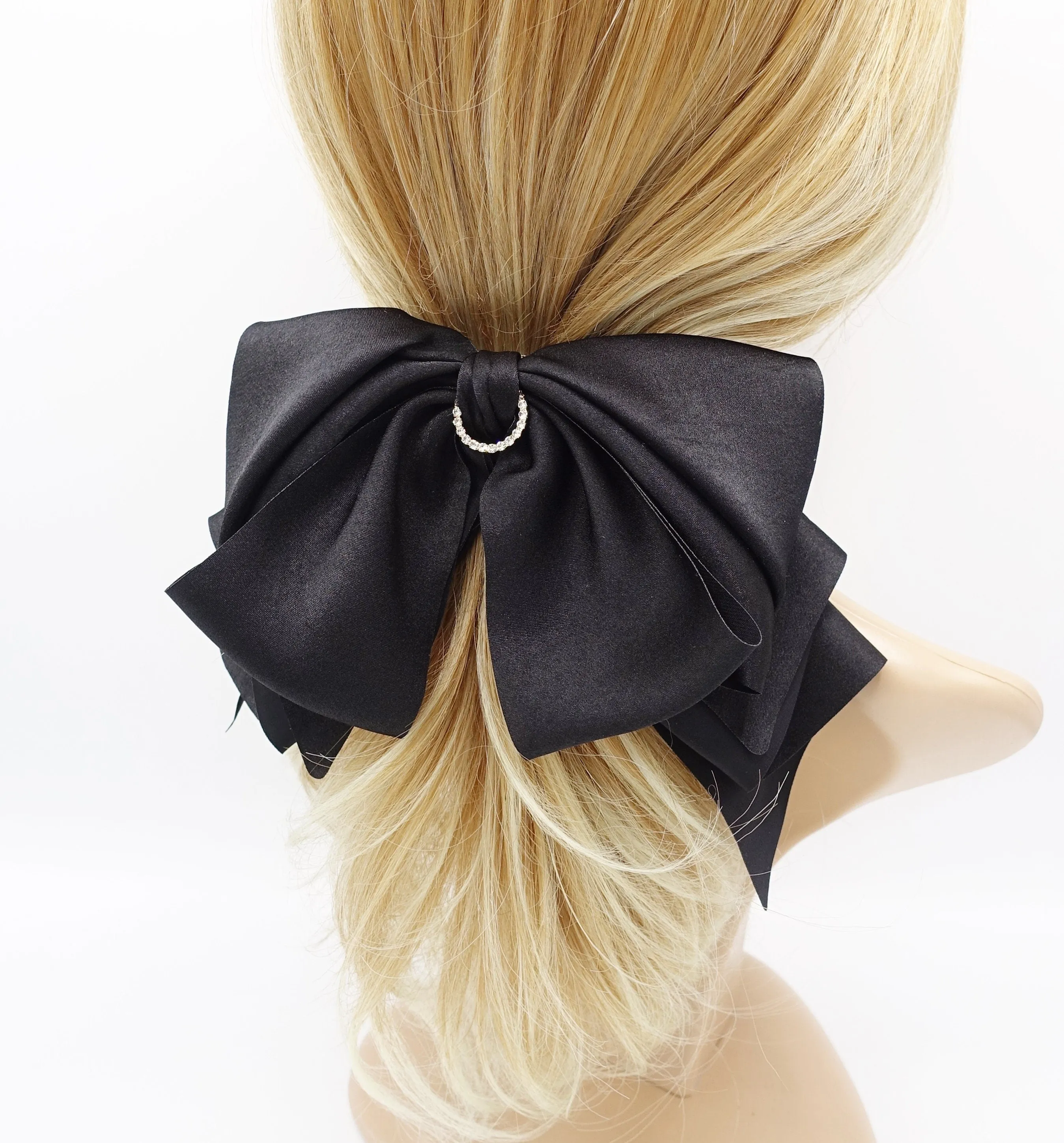 satin hair bow, layered hair bow, rhinestone hair bow for women