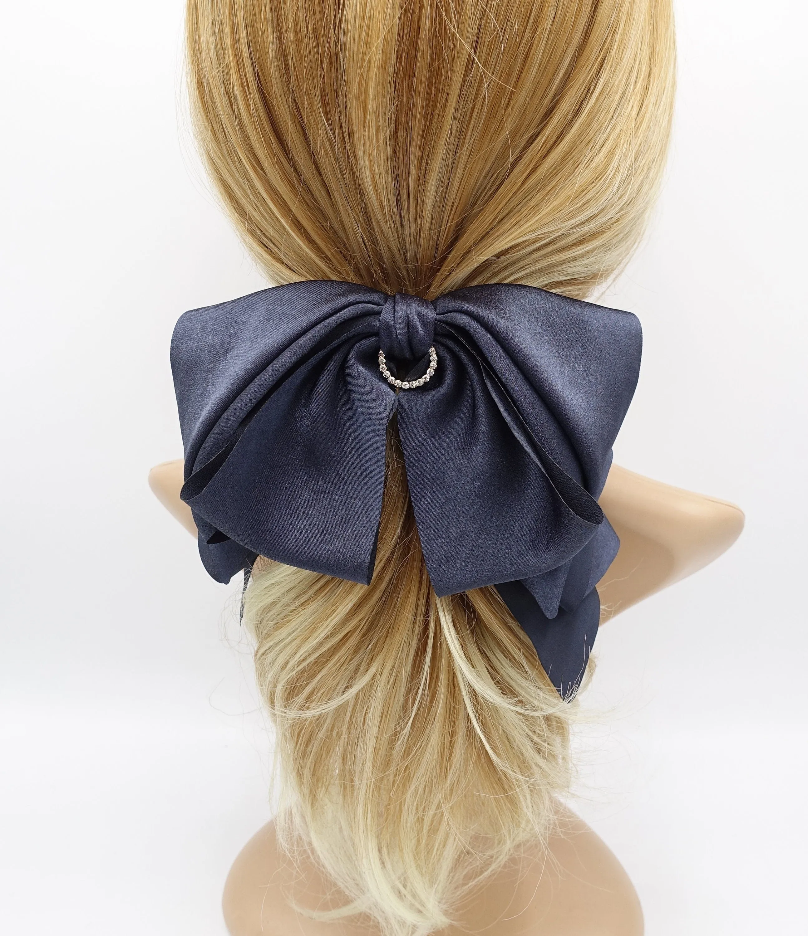 satin hair bow, layered hair bow, rhinestone hair bow for women