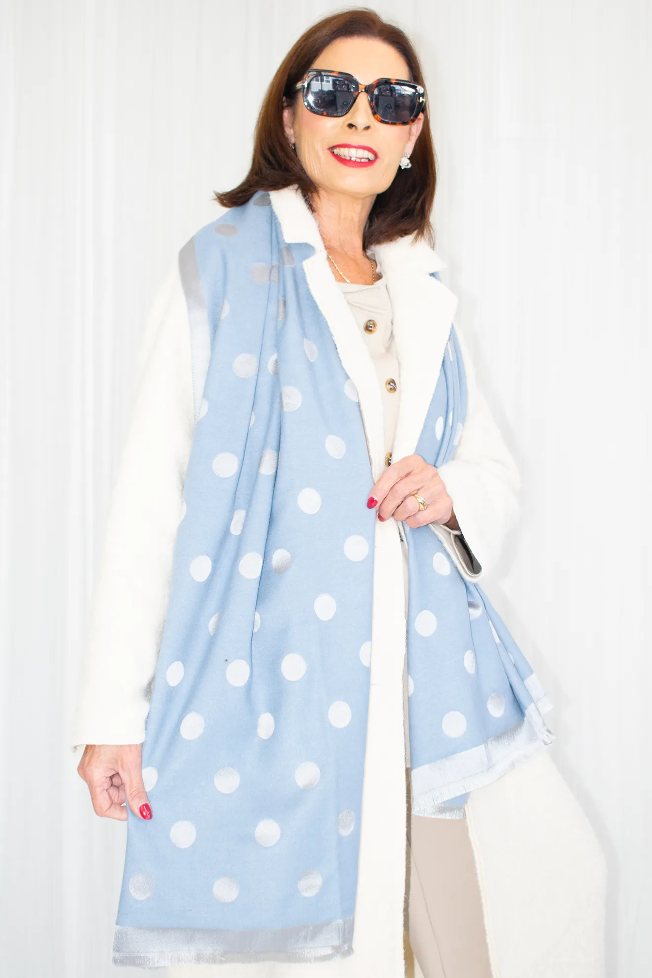 Silk Finish Reversible Spotty Scarf in Baby Blue