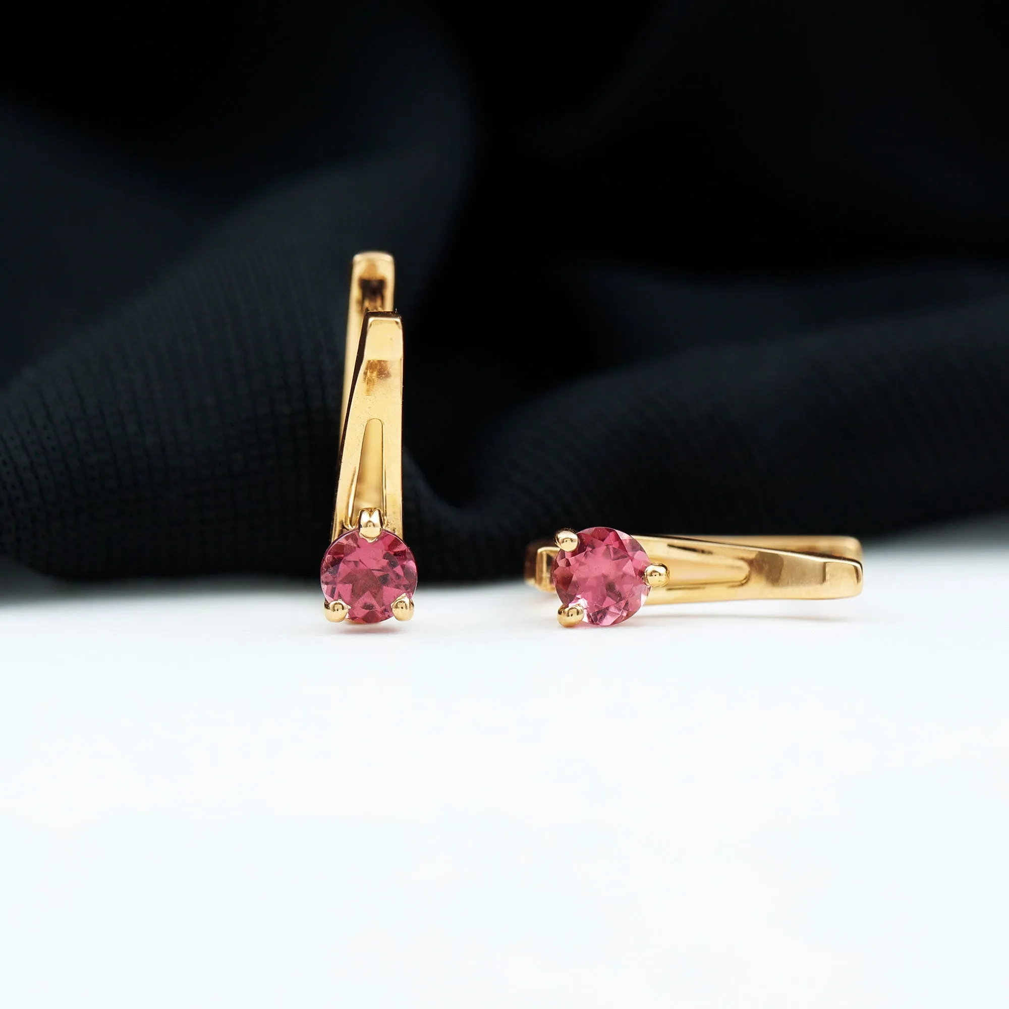 Simple Pink Tourmaline Solitaire J Hoop Earrings