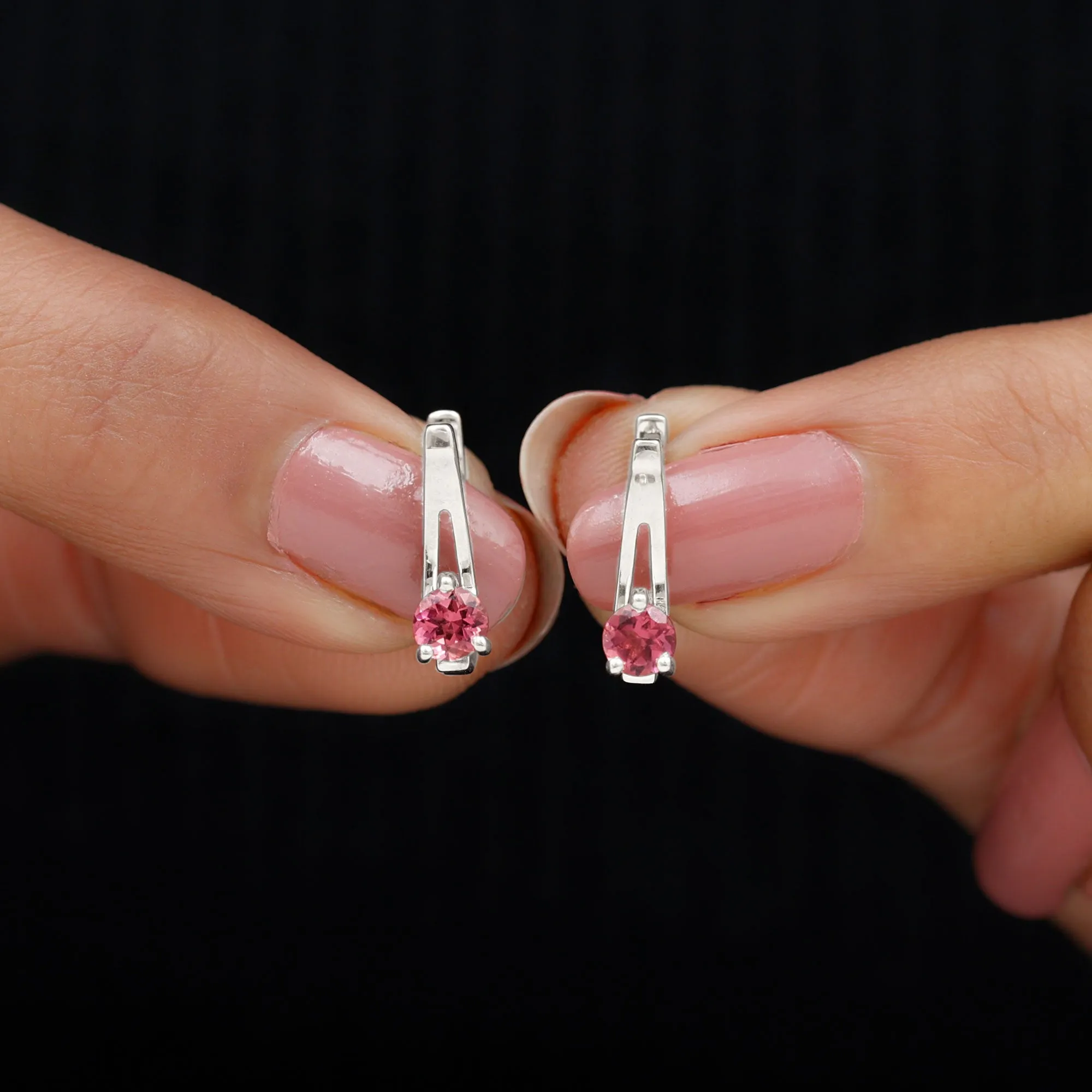 Simple Pink Tourmaline Solitaire J Hoop Earrings