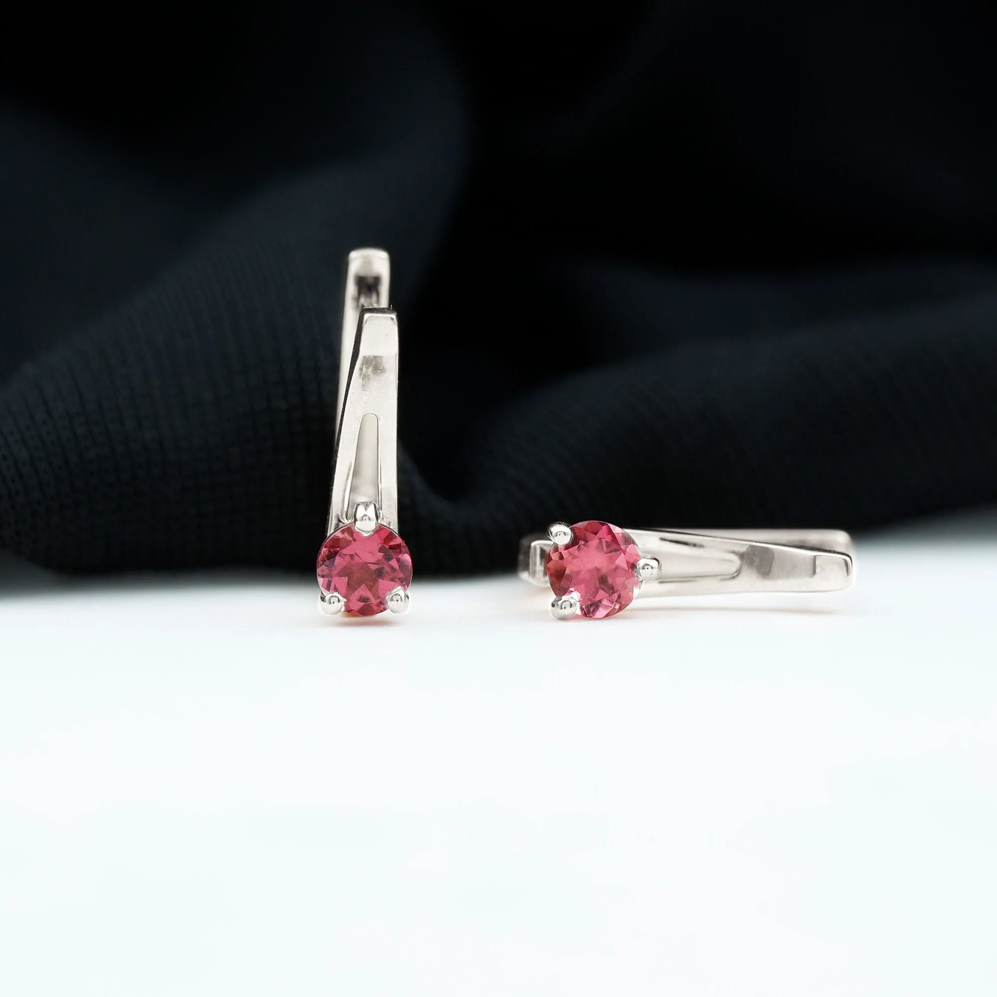 Simple Pink Tourmaline Solitaire J Hoop Earrings