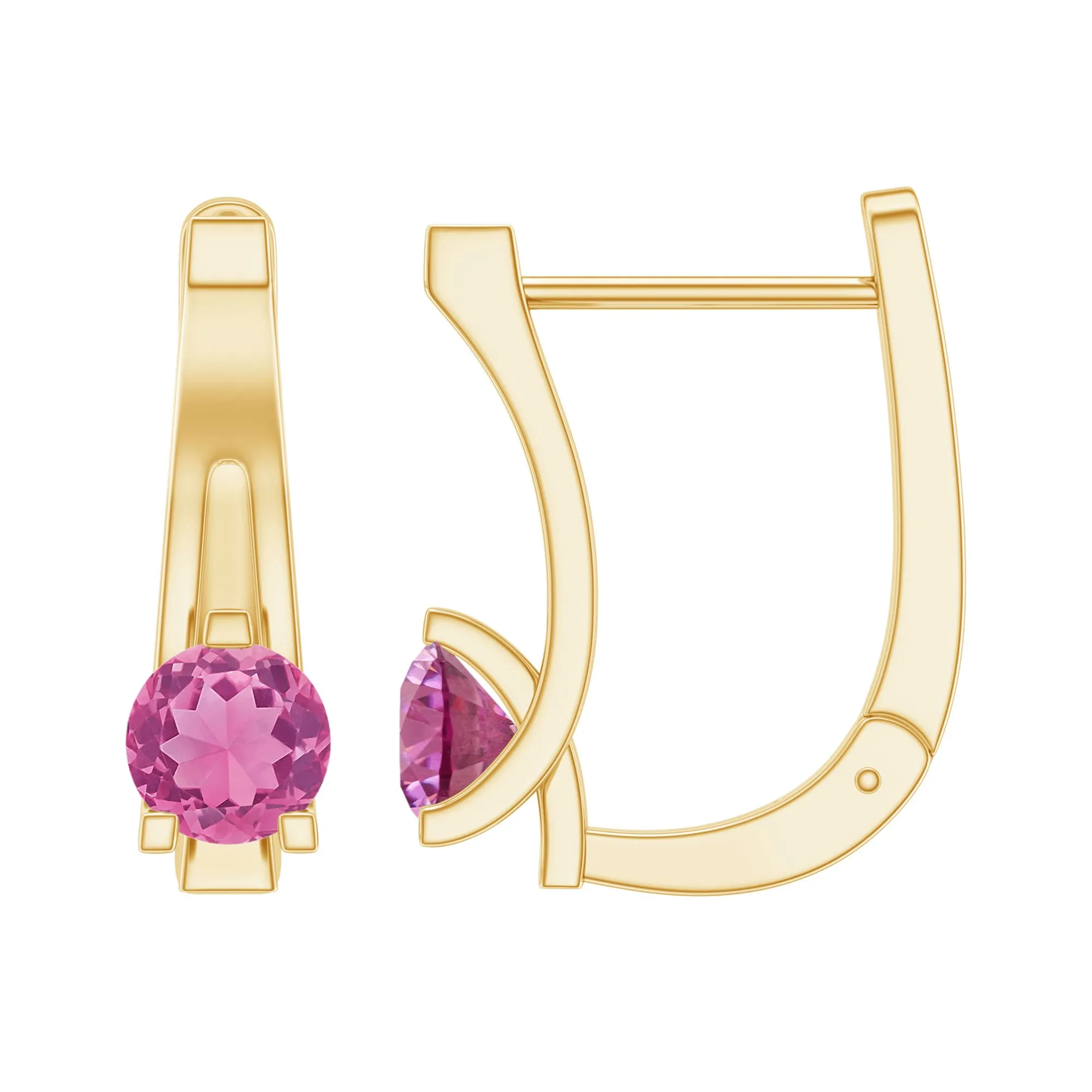 Simple Pink Tourmaline Solitaire J Hoop Earrings