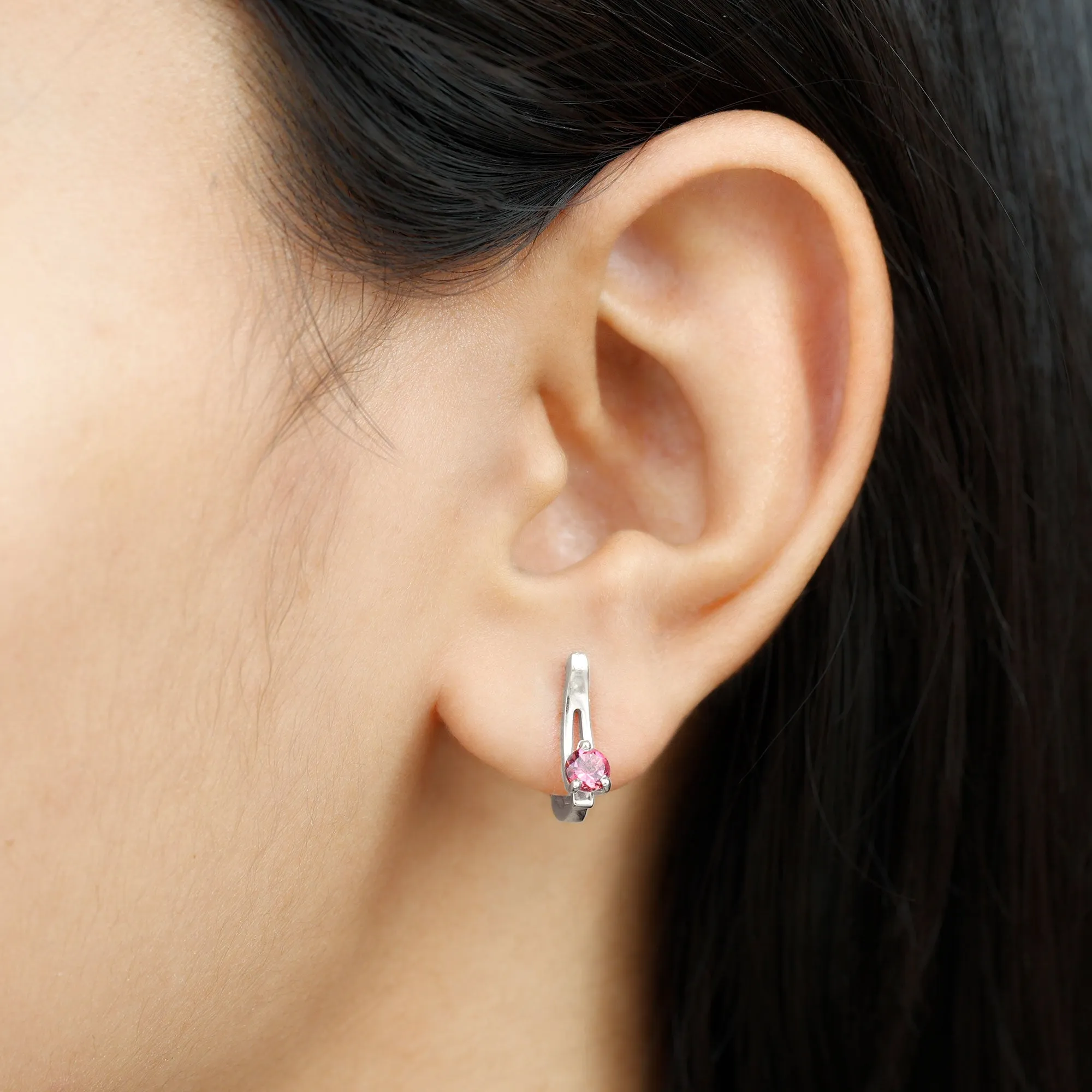 Simple Pink Tourmaline Solitaire J Hoop Earrings