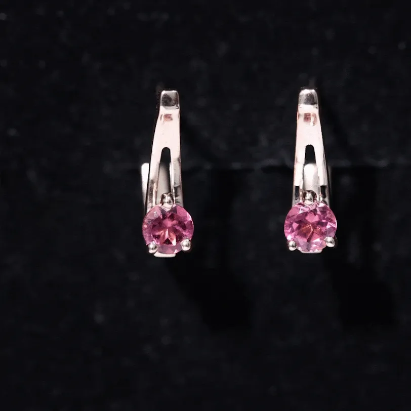 Simple Pink Tourmaline Solitaire J Hoop Earrings