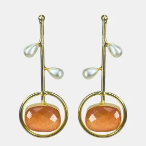 Sophisticated Gold-Plated Earrings with Yellow, Orange Gemstone and Pearl Drops