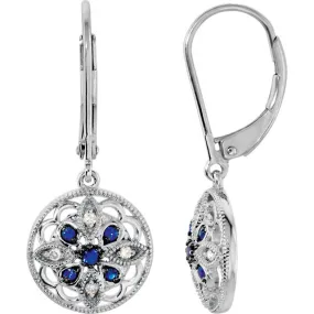 Sterling Silver Blue Sapphire Diamond Granulated Filigree Leverback Earrings