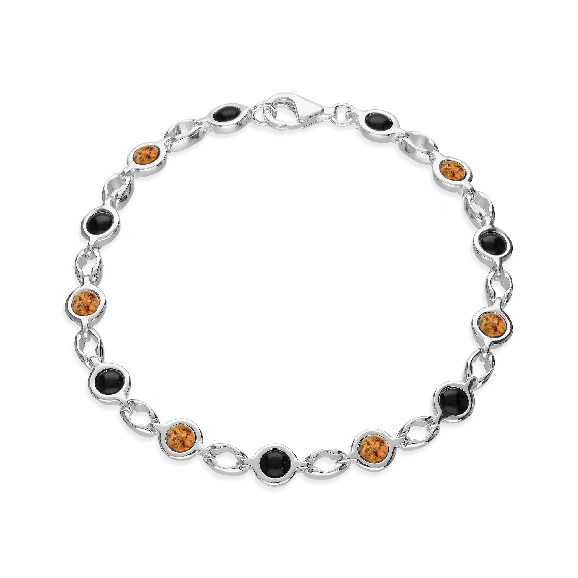 Sterling Silver Whitby Jet & Amber 4mm Round Chain Link Bracelet