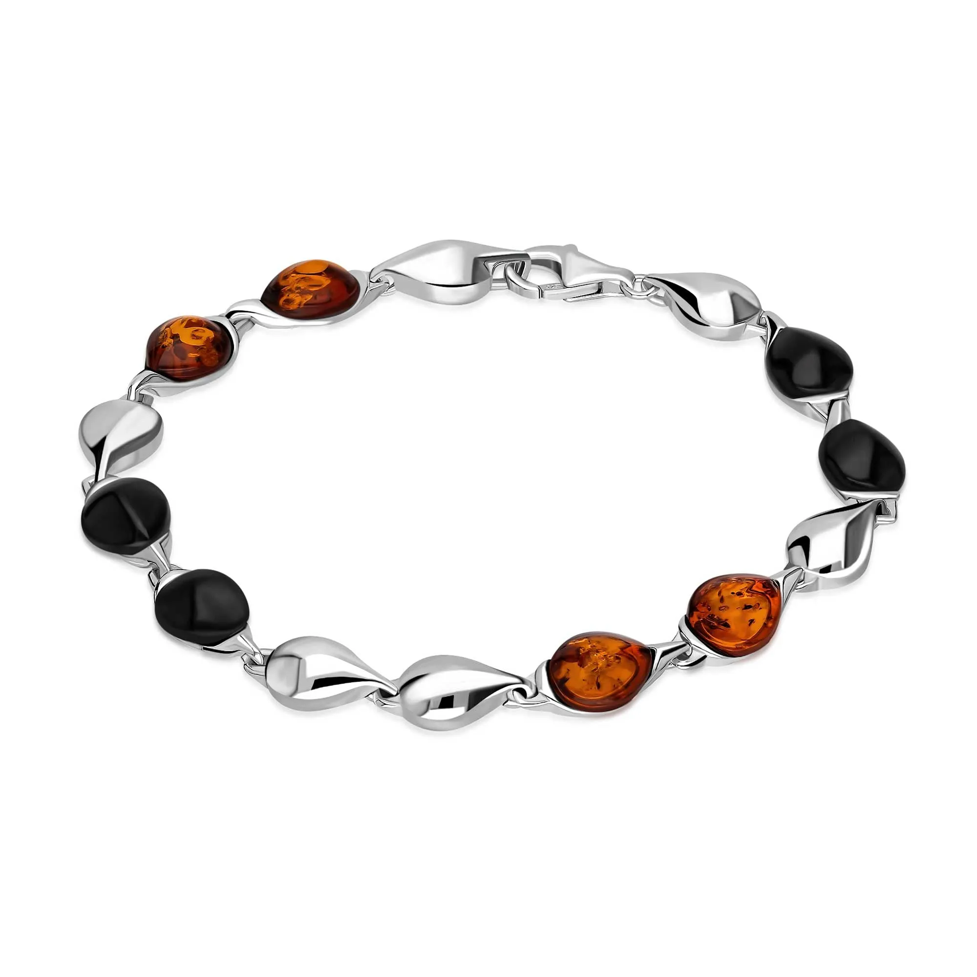 Sterling Silver Whitby Jet & Amber Teardrop Multi Stone Bracelet