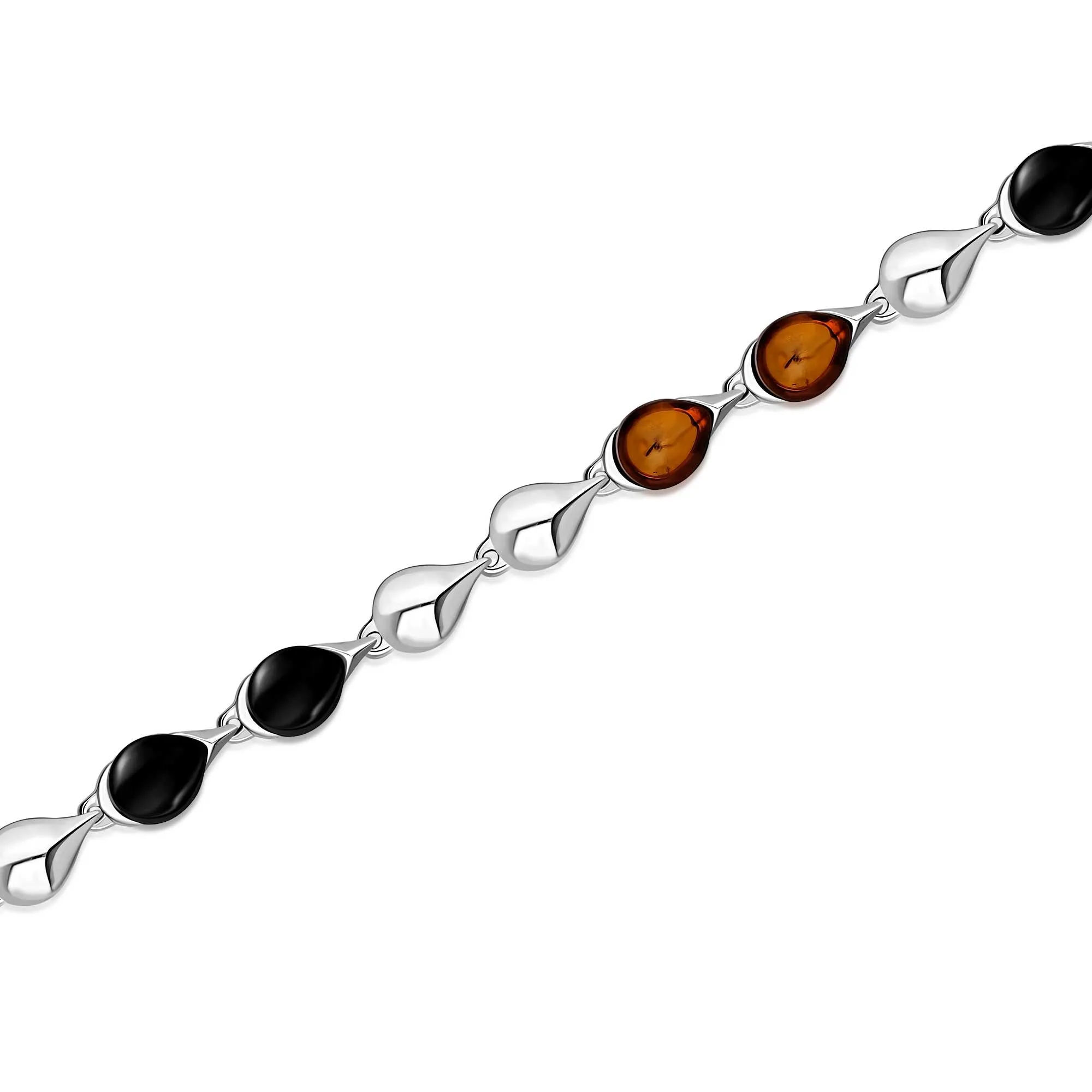 Sterling Silver Whitby Jet & Amber Teardrop Multi Stone Bracelet