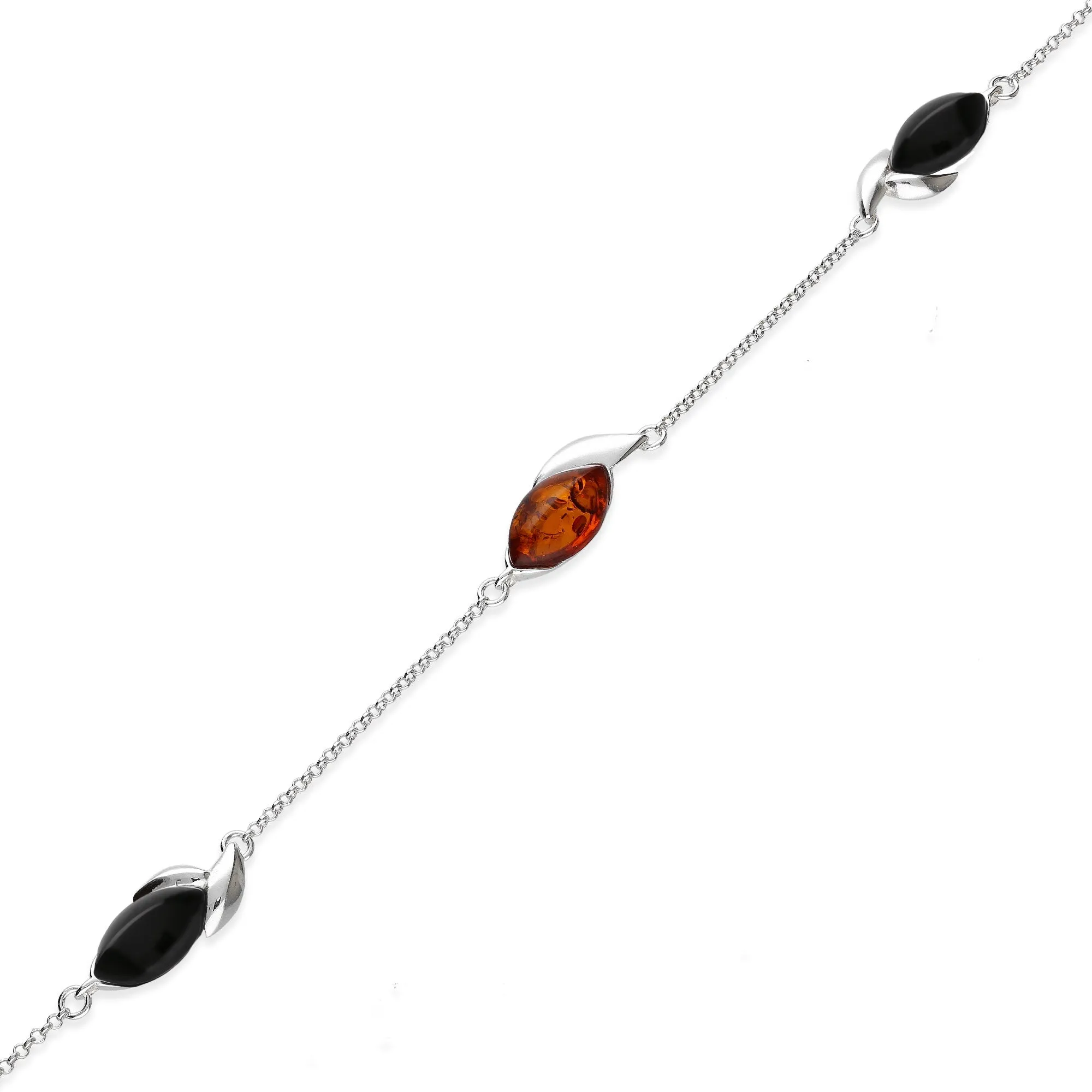 Sterling Silver Whitby Jet & Amber Three Leaf Marquise Bracelet