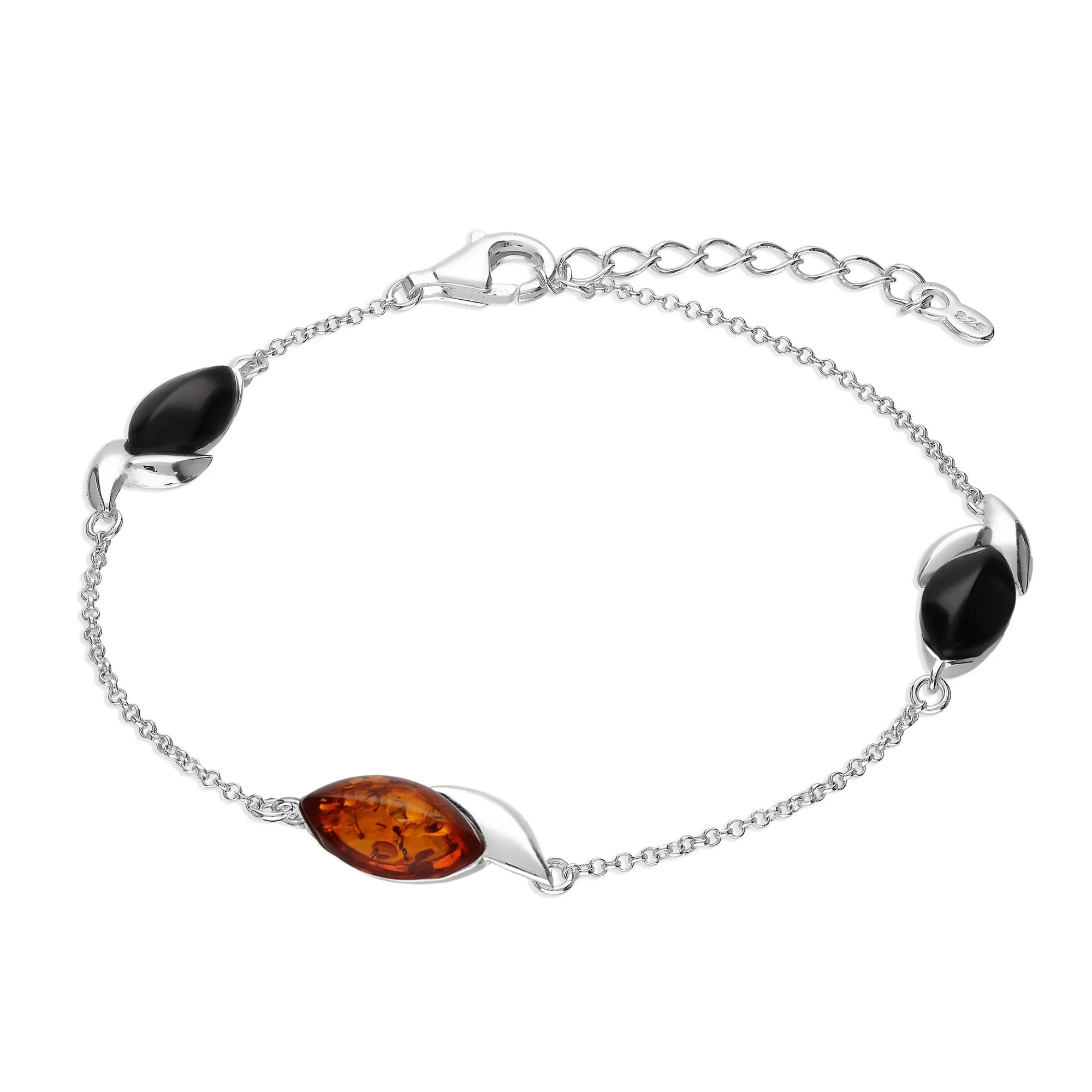 Sterling Silver Whitby Jet & Amber Three Leaf Marquise Bracelet