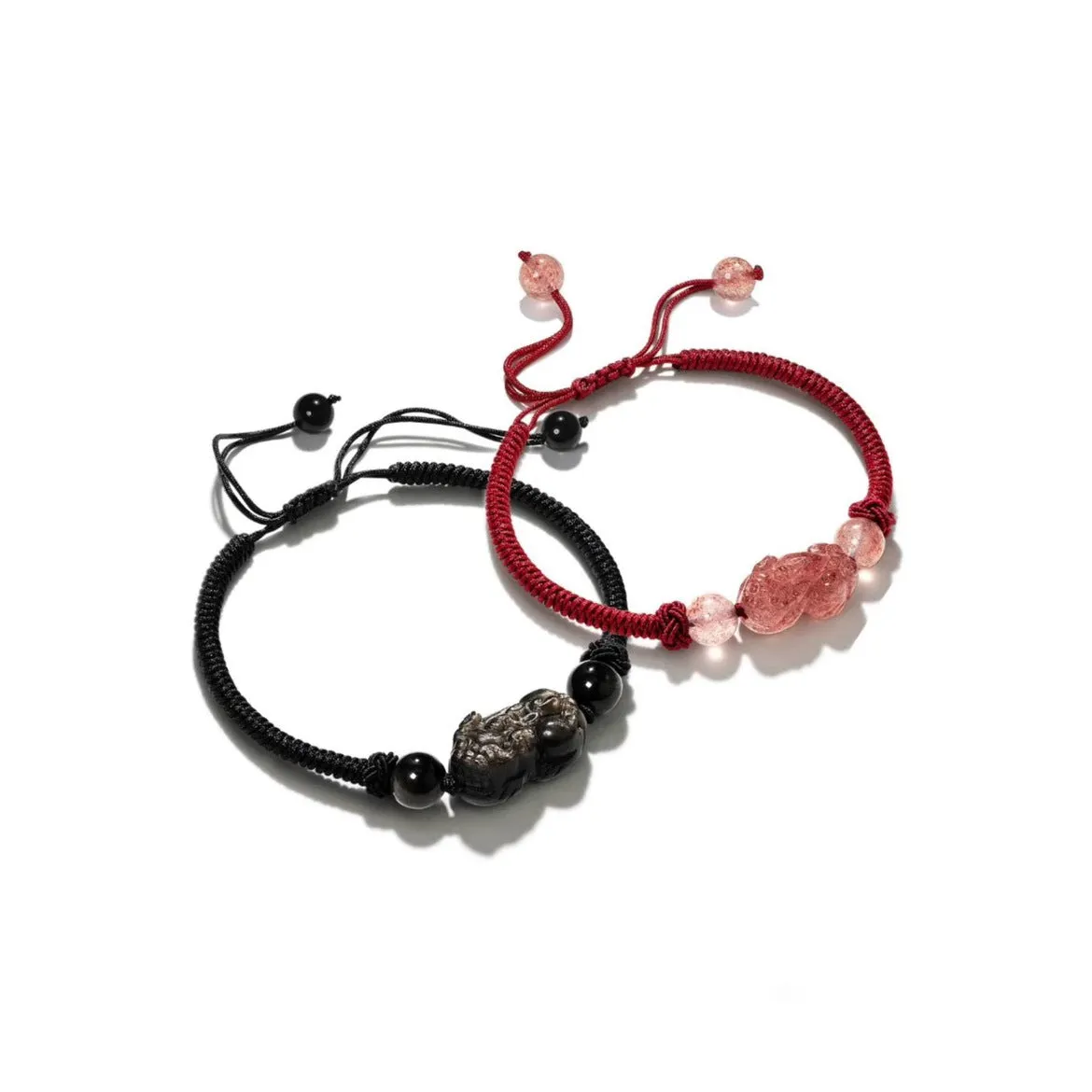 Strawberry Crystal Pixiu Swallowing Gold Beast Sterling Silver Obsidian Couple Bracelet