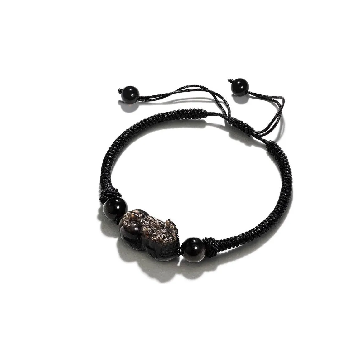 Strawberry Crystal Pixiu Swallowing Gold Beast Sterling Silver Obsidian Couple Bracelet