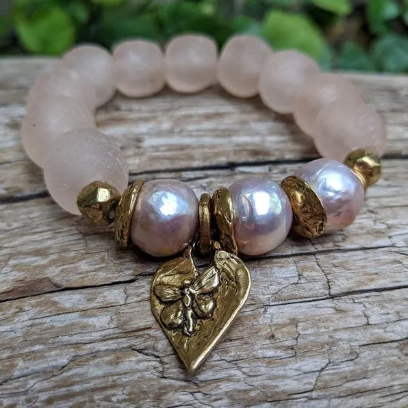 Three Pink Pearls & Sea Glass Elastic Bracelet with Heart Charm