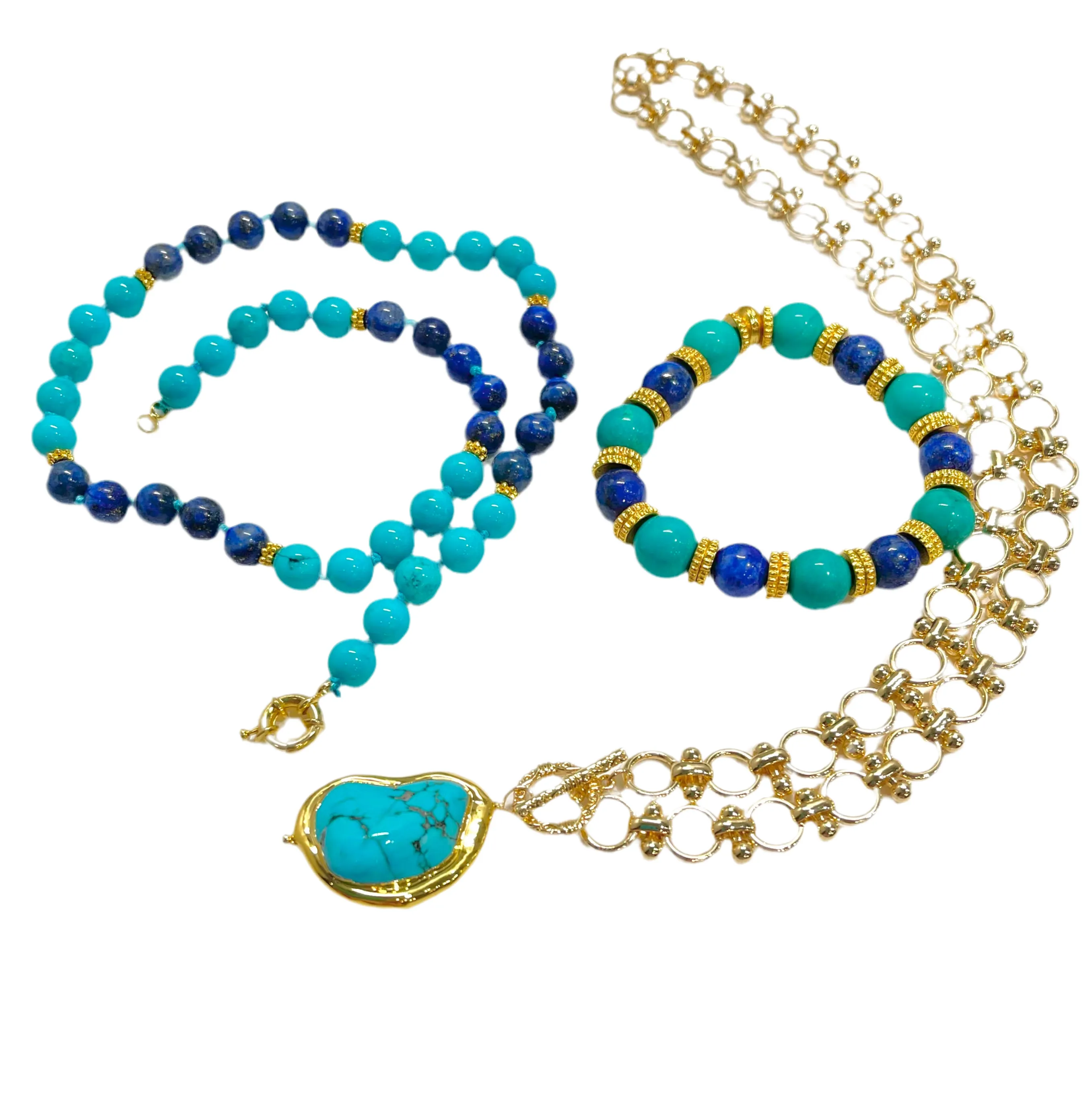 Turquoise & Lapis Lazuli Gemstone Layered Necklace and Bracelet Set