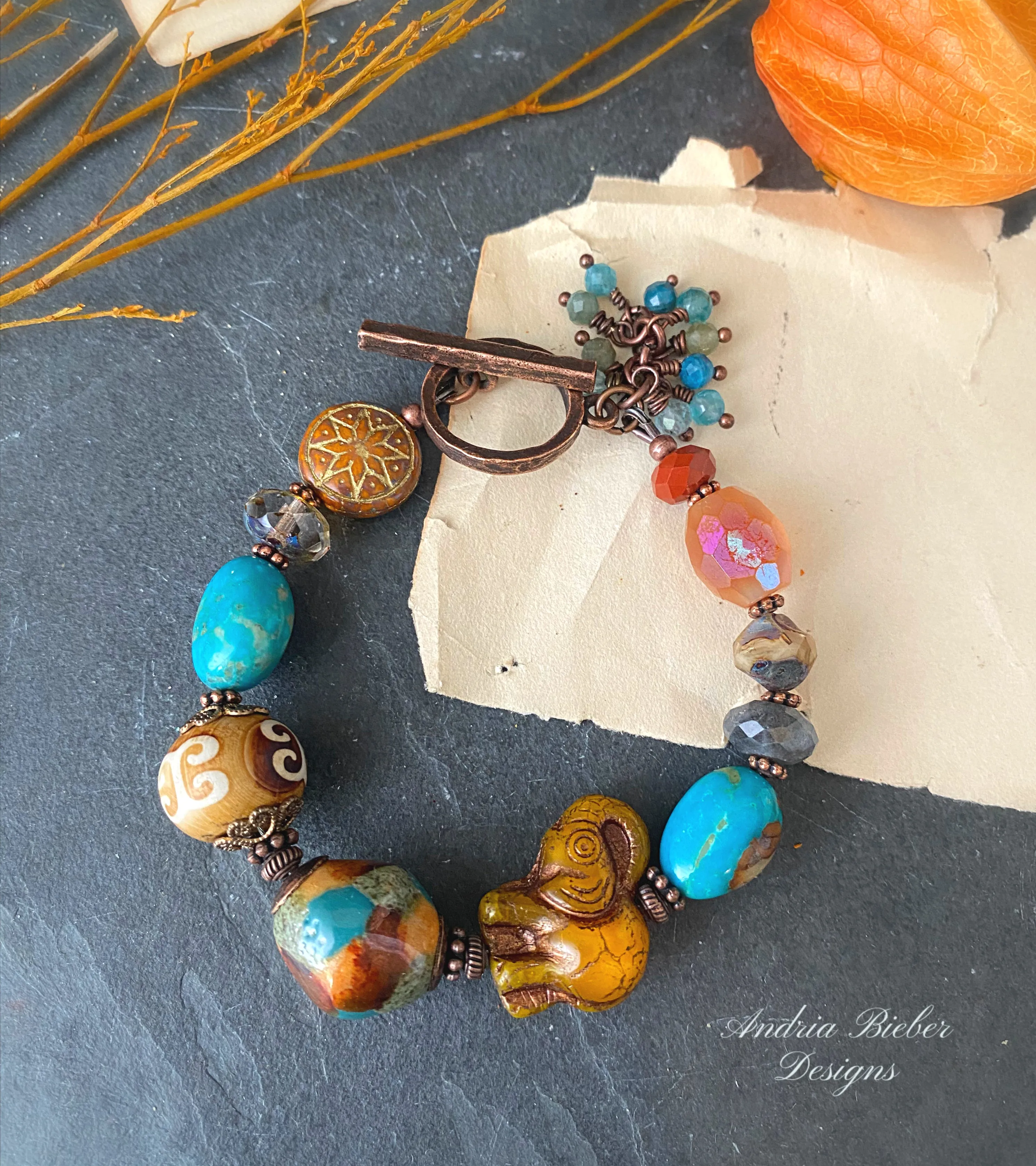 Turquoise, ceramic, elephant lampwork glass, czech glass, copper metal, labradorite, bracelet, jewelry