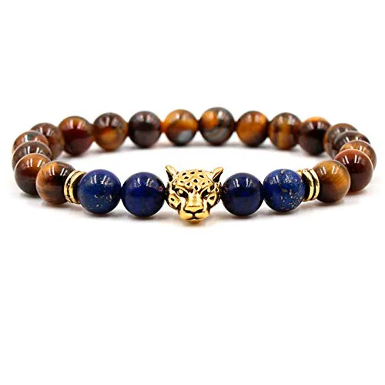 Unisex 8mm Tiger's Eye Gemstone Beaded Bracelet with Leopard Detail