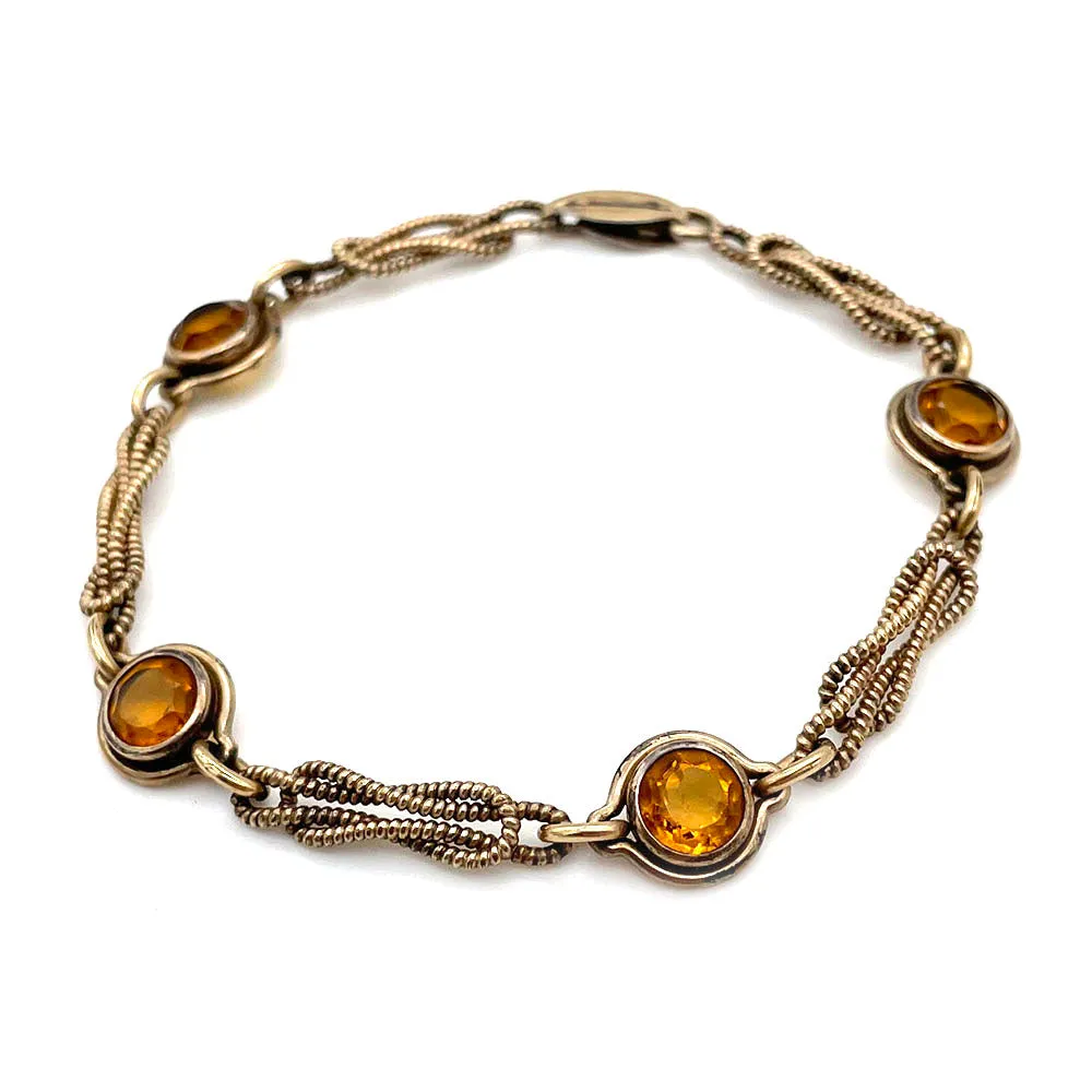 【USA輸入】ヴィンテージ アンバーオレンジ ガラスストーン ブレスレット/Vintage Amber Orange Glass Stones Bracelet