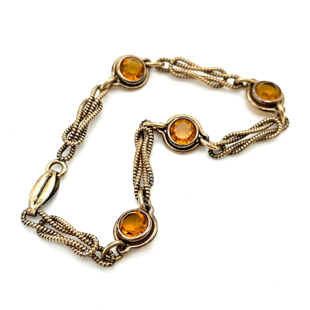 【USA輸入】ヴィンテージ アンバーオレンジ ガラスストーン ブレスレット/Vintage Amber Orange Glass Stones Bracelet