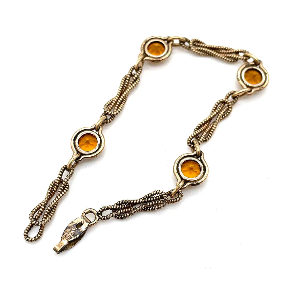 【USA輸入】ヴィンテージ アンバーオレンジ ガラスストーン ブレスレット/Vintage Amber Orange Glass Stones Bracelet