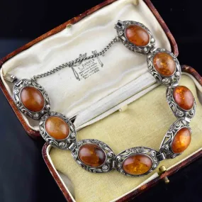 Vintage Arts and Crafts Silver Amber Cabochon Bracelet