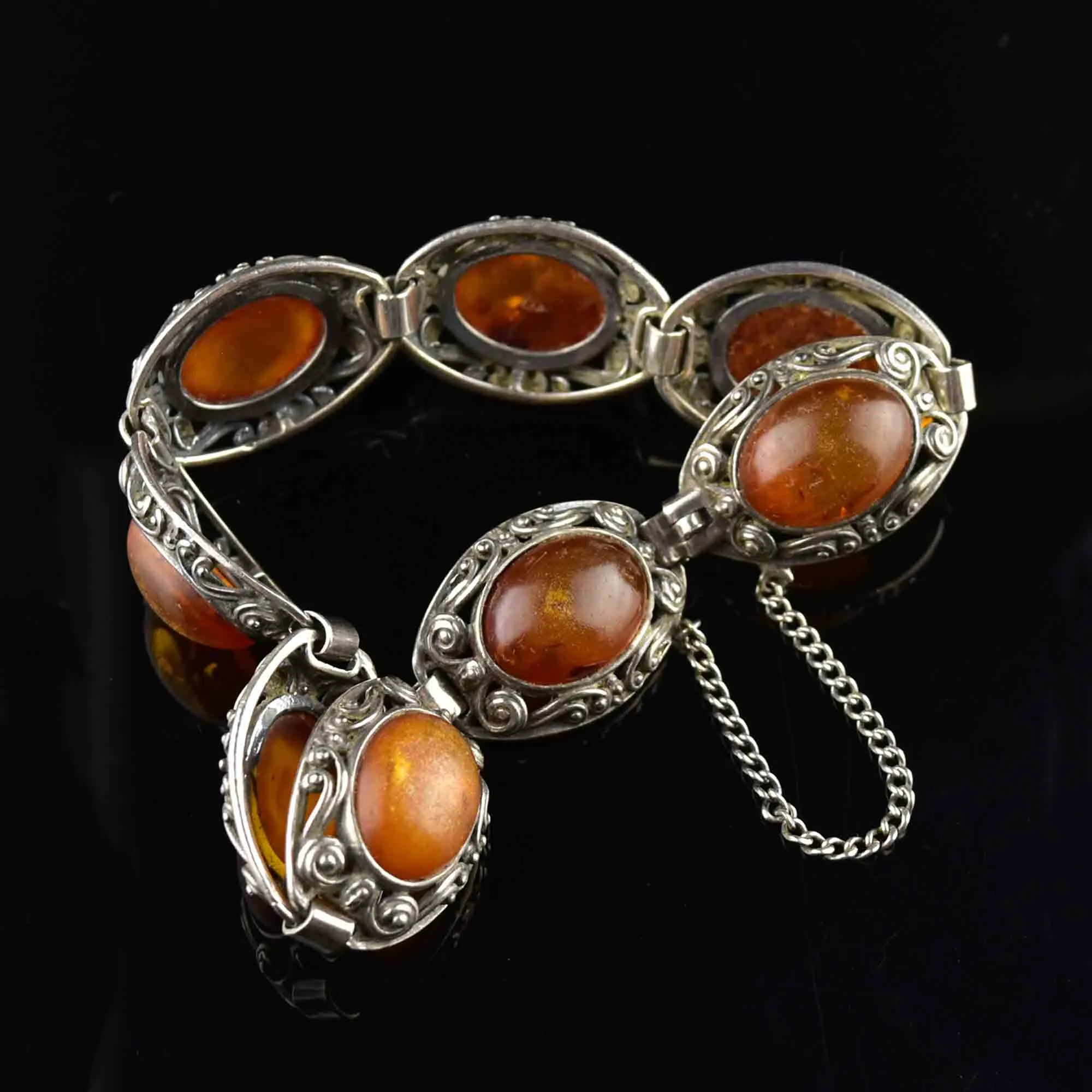 Vintage Arts and Crafts Silver Amber Cabochon Bracelet