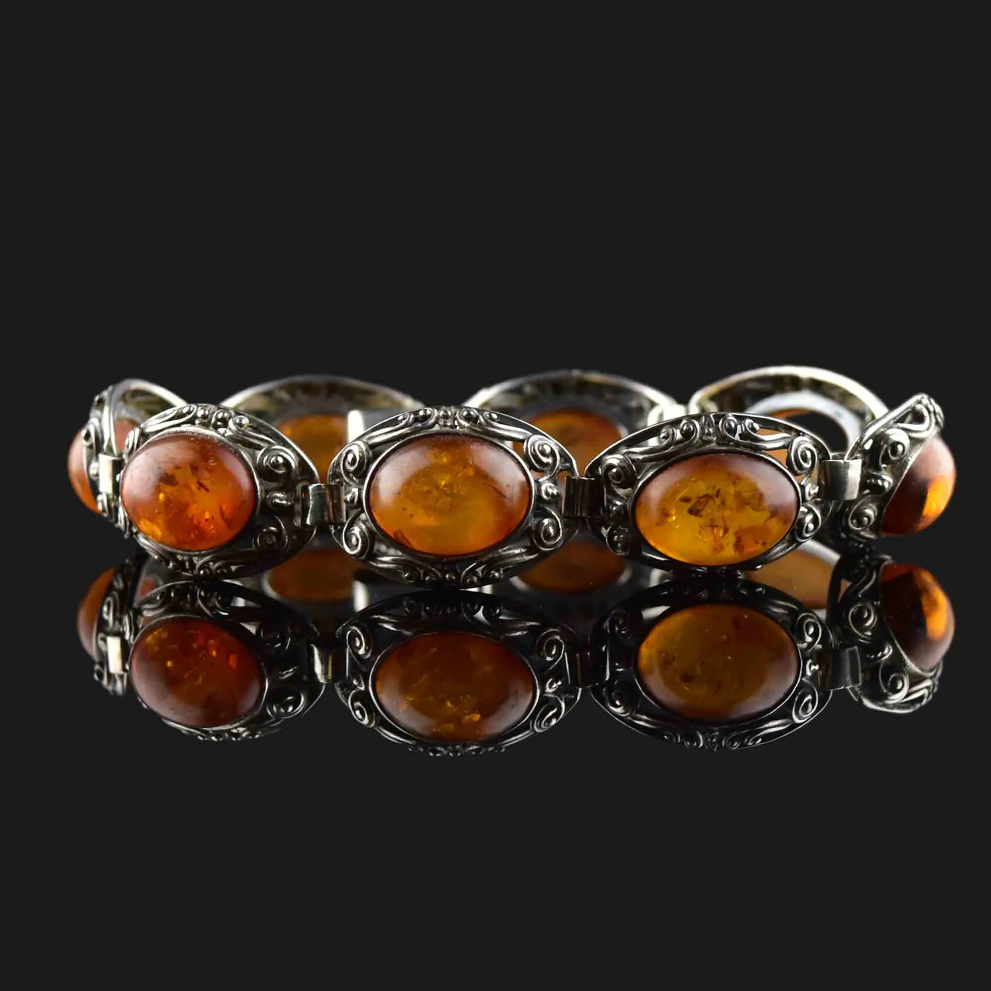 Vintage Arts and Crafts Silver Amber Cabochon Bracelet