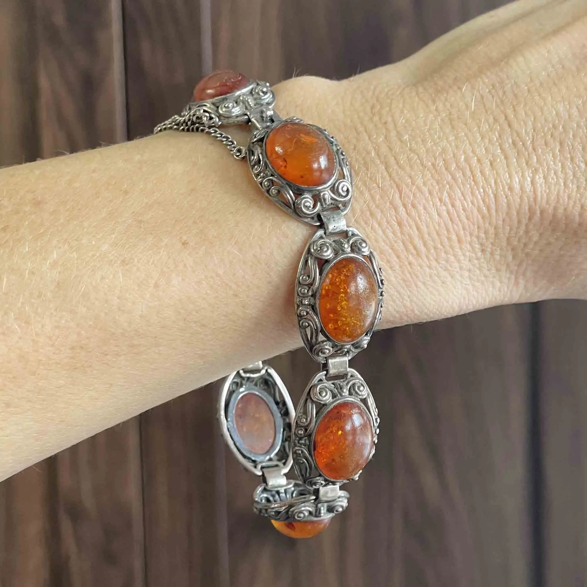 Vintage Arts and Crafts Silver Amber Cabochon Bracelet