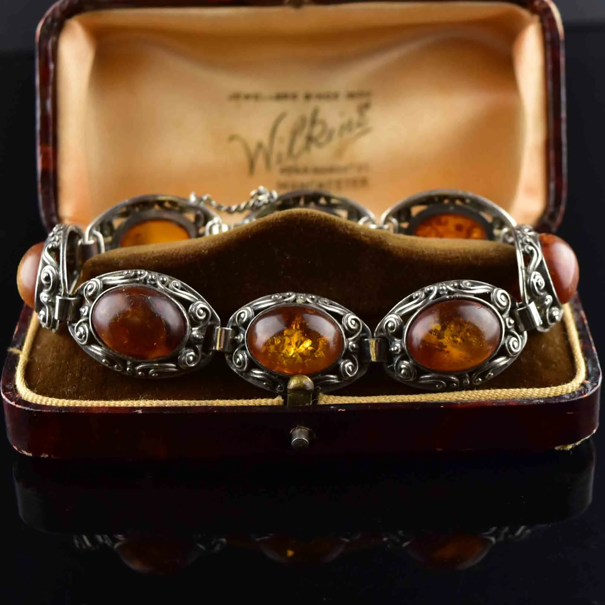 Vintage Arts and Crafts Silver Amber Cabochon Bracelet