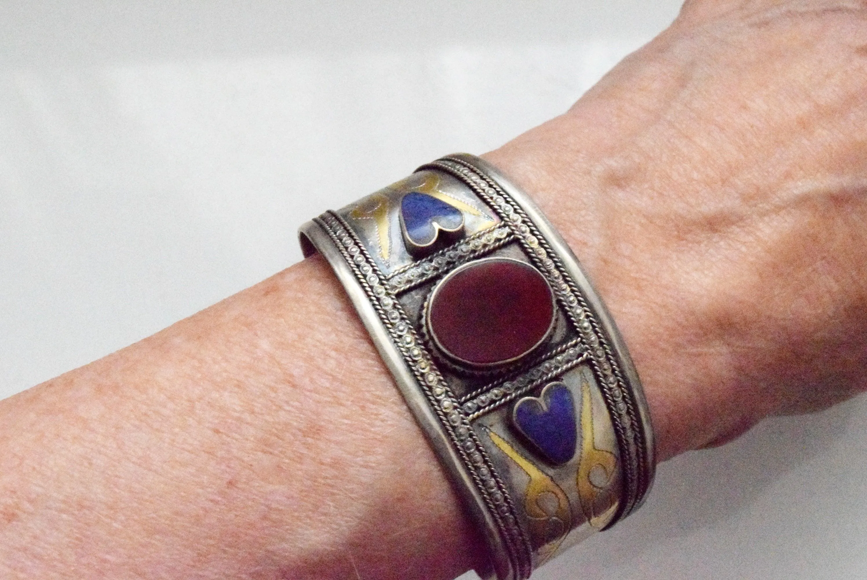 Vintage Silver Afghan Lapis Lazuli and Carnelian Bracelet