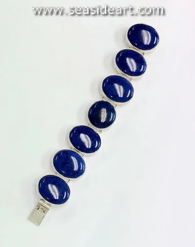 Vintage Sterling Silver Link Bracelet with Lapis Lazuli Cabochons-Mexico