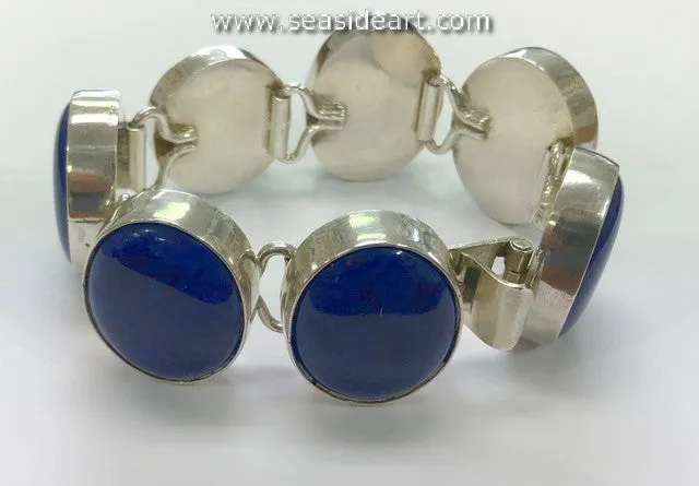 Vintage Sterling Silver Link Bracelet with Lapis Lazuli Cabochons-Mexico