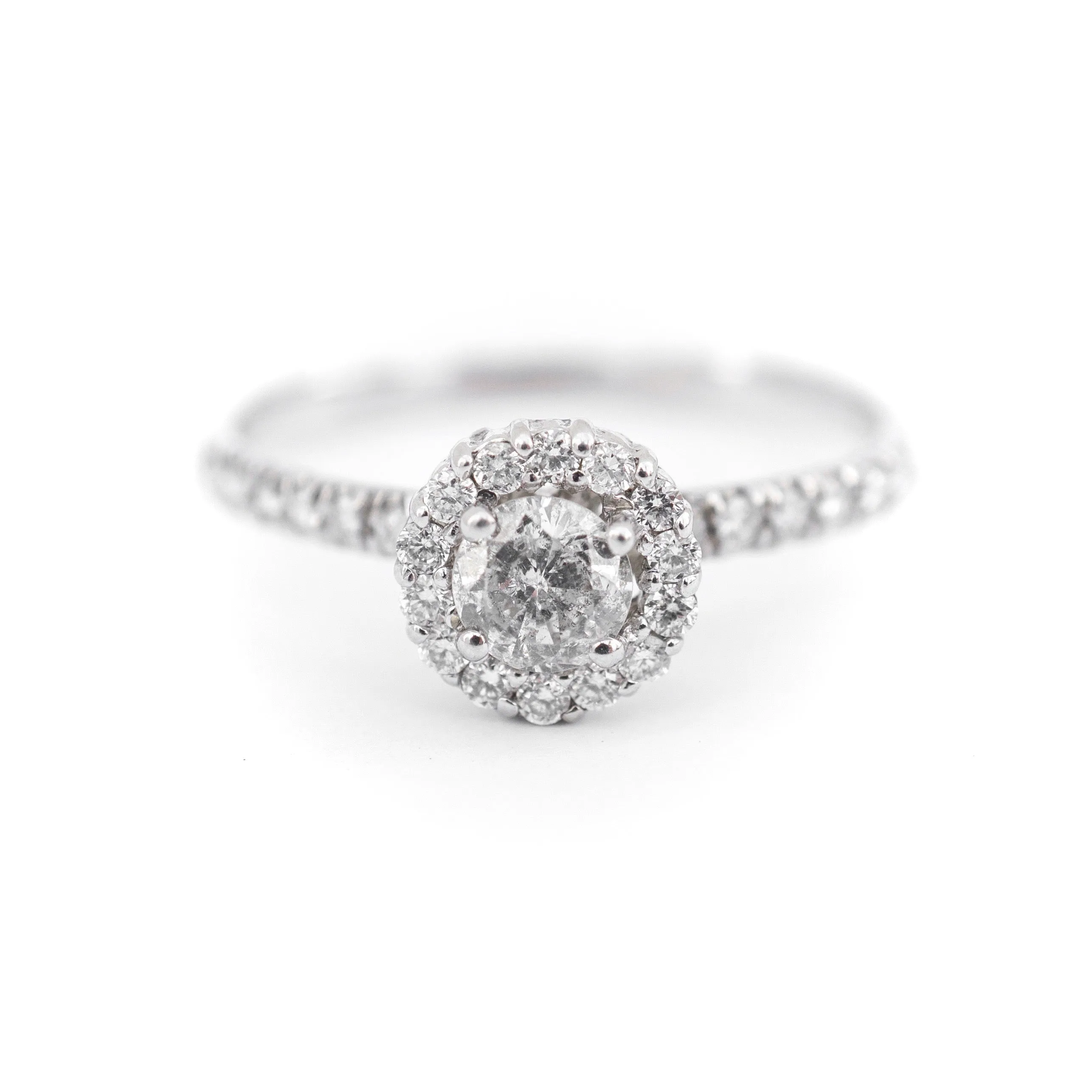 White Gold Diamond Halo Engagement Ring - Simple Diamond Halo Ring 14k White Gold - Diamond Engagement Ring