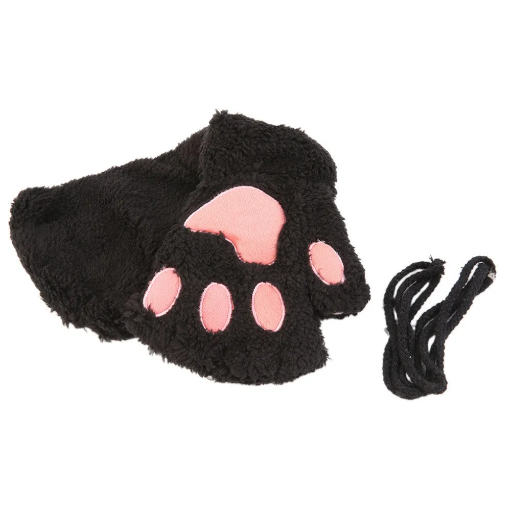 Woman Winter Fluffy Bear/Cat Plush Paw/Claw Glove-Novelty soft toweling lady's half covered gloves mittens Valentine's Day Gift