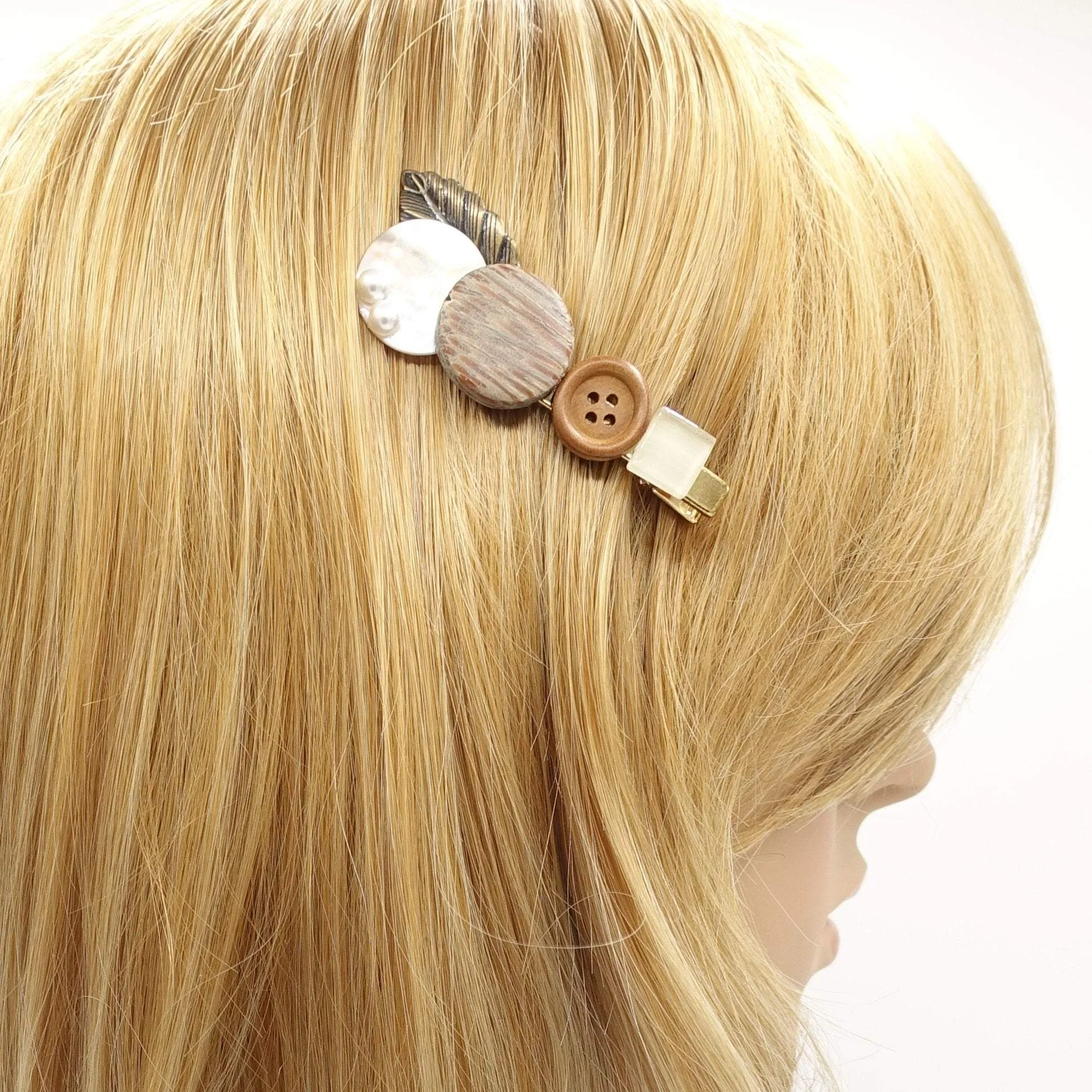 wood metal embellished hair barrette nacre hair clip for women