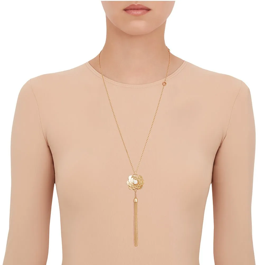 Yellow Gold Trio Pendant Tassel Necklace with White Diamonds